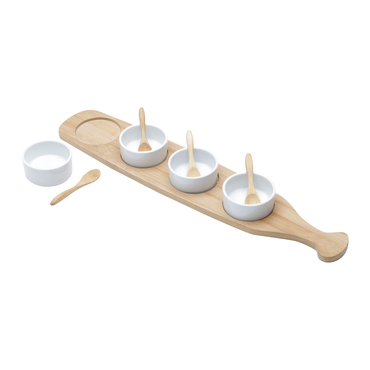 Conjunto Bandeja Bambu Com 4 Molheiras e 4 Colheres 48x9,5cm Lyor (3969)