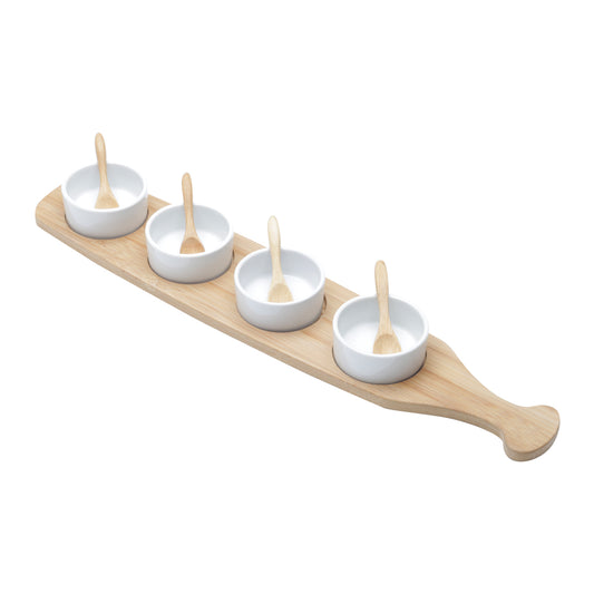 Conjunto Bandeja Bambu Com 4 Molheiras e 4 Colheres 48x9,5cm Lyor (3969)